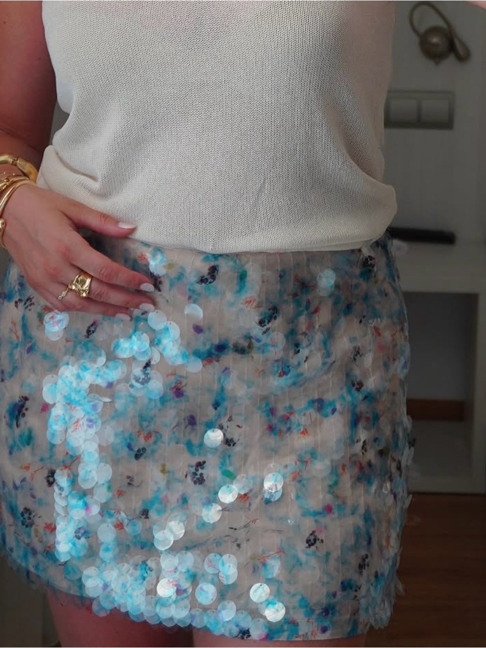 Zara Iridescent Sequin Mini Skirt in Blue and Cream